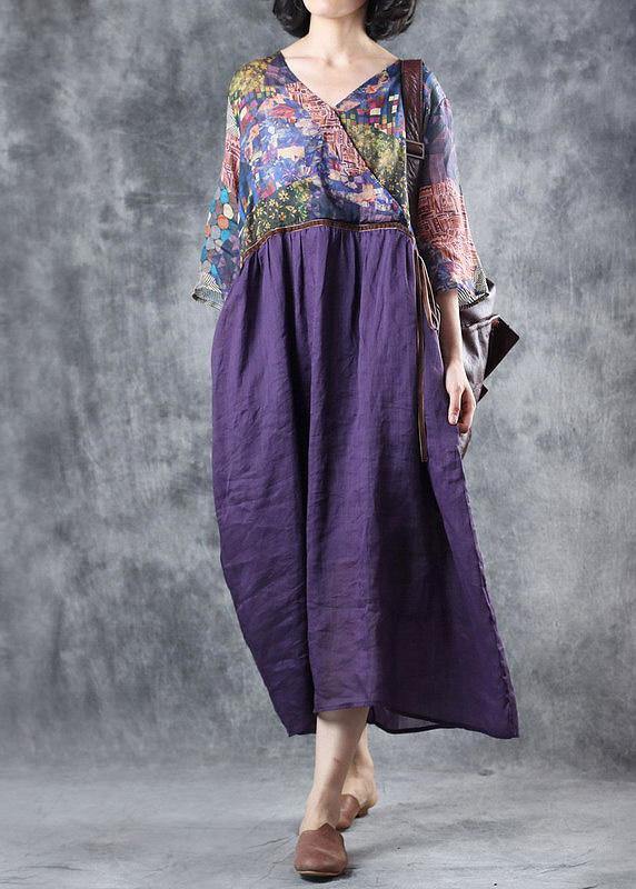 Organic purple linen dress patchwork Plus Size v neck Dress - SooLinen
