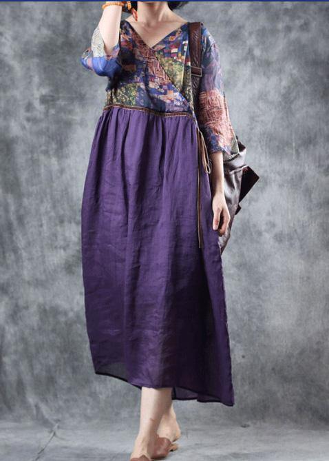 Organic purple linen dress patchwork Plus Size v neck Dress - SooLinen