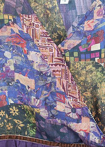 Organic purple linen dress patchwork Plus Size v neck Dress - SooLinen