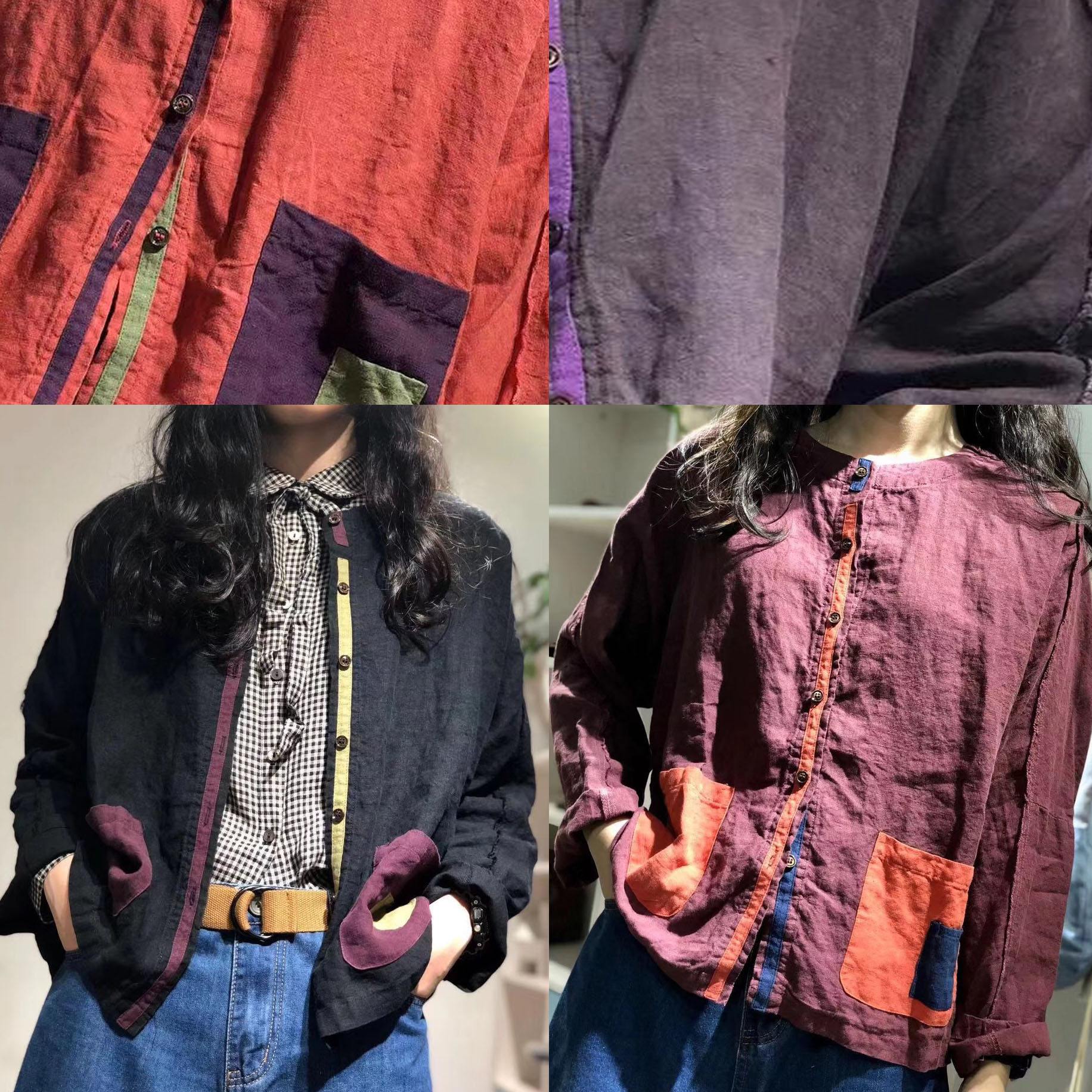 Organic purple o neck linen tunics for women Patch pockets baggy fall shirt - SooLinen