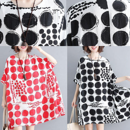 Organic red plaid cotton linen clothes For Women batwing sleeve oversized summer Dresses - SooLinen