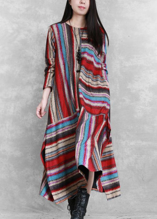 Organic red striped linen cotton clothes For Women side open Plus Size Clothing patchwork Dress - SooLinen