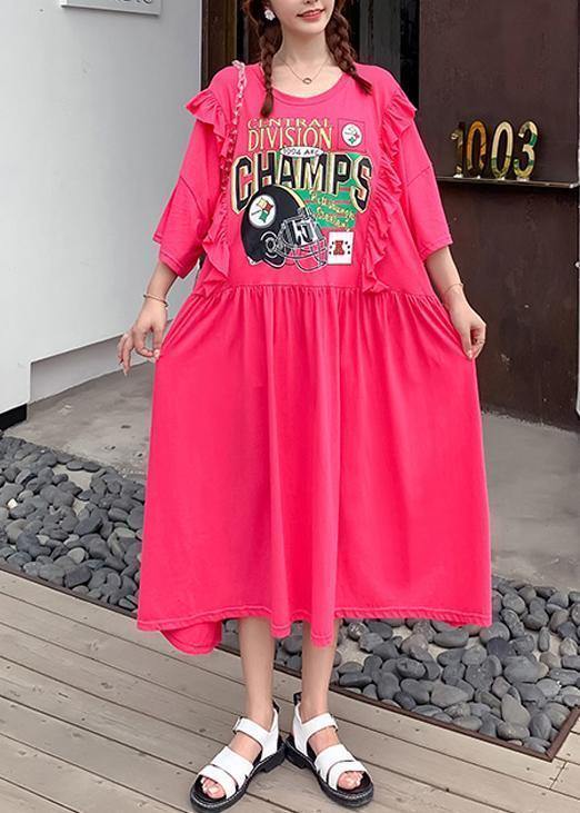 Organic rose Cartoon print dresses o neck Ruffles Dress - SooLinen