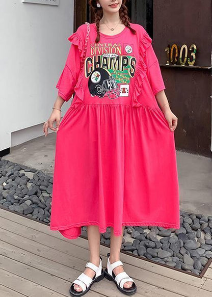 Organic rose Cartoon print dresses o neck Ruffles Dress - SooLinen