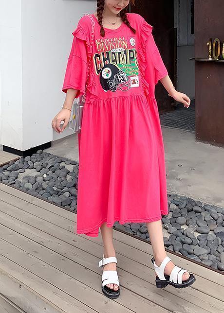 Organic rose Cartoon print dresses o neck Ruffles Dress - SooLinen