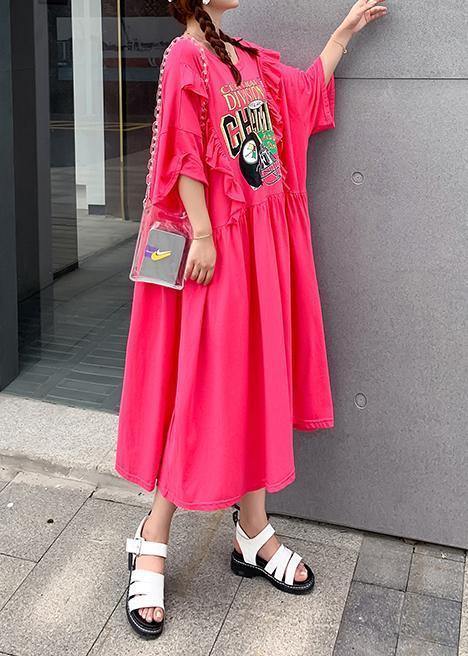 Organic rose Cartoon print dresses o neck Ruffles Dress - SooLinen