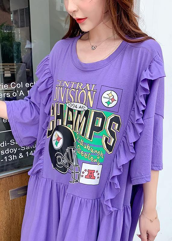 Organic rose Cartoon print dresses o neck Ruffles Dress - SooLinen