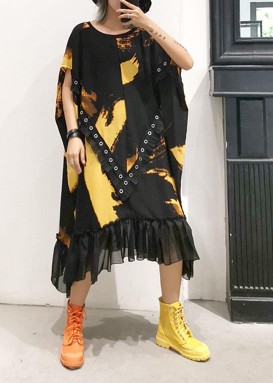 Organic ruffles hem chiffon Wardrobes pattern black prints robes Dresses summer - SooLinen