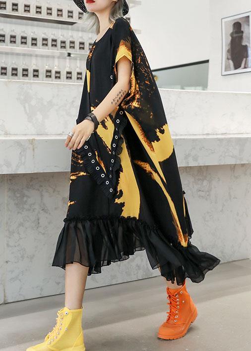 Organic ruffles hem chiffon Wardrobes pattern black prints robes Dresses summer - SooLinen