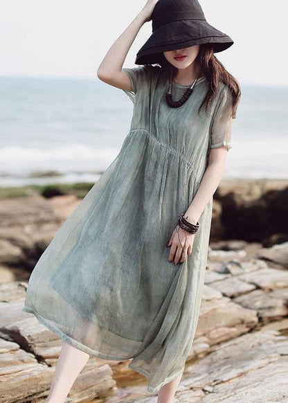 Organic short sleeve cotton clothes Inspiration green high waist Plus Size Dress - SooLinen