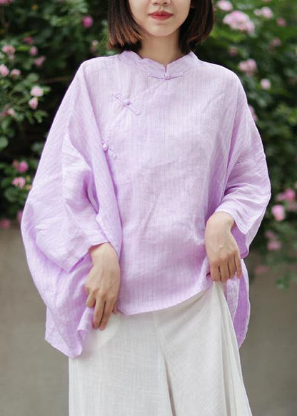 Organic stand collar linen Blouse Photography light purple striped blouse - SooLinen