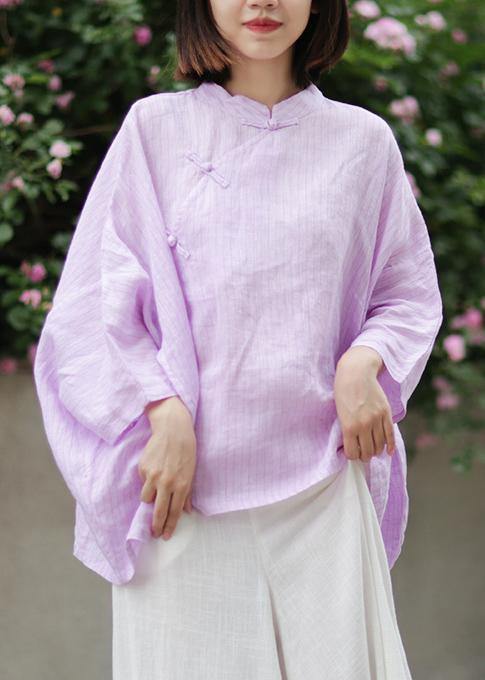 Organic stand collar linen Blouse Photography light purple striped blouse - SooLinen