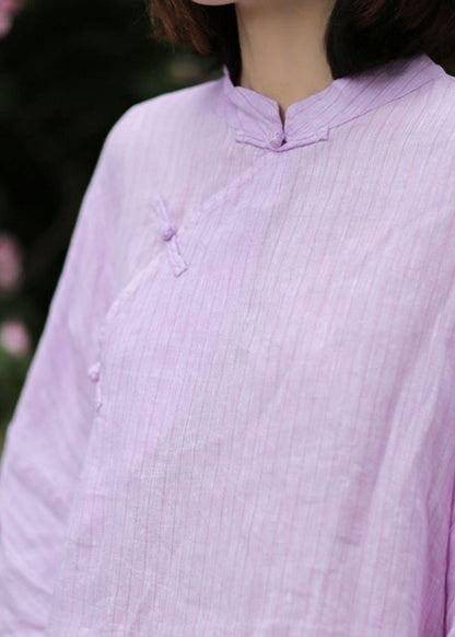 Organic stand collar linen Blouse Photography light purple striped blouse - SooLinen
