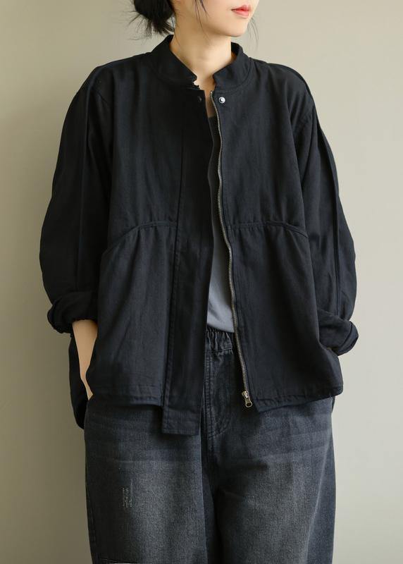 Organic stand collar patchwork Fine clothes black outwears - SooLinen