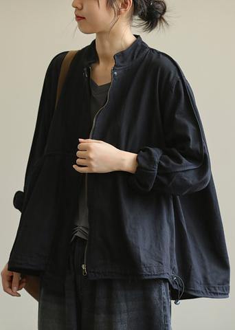 Organic stand collar patchwork Fine clothes black outwears - SooLinen