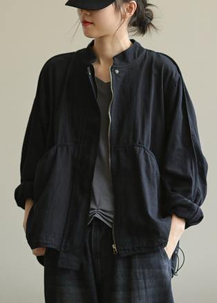 Organic stand collar patchwork Fine clothes black outwears - SooLinen