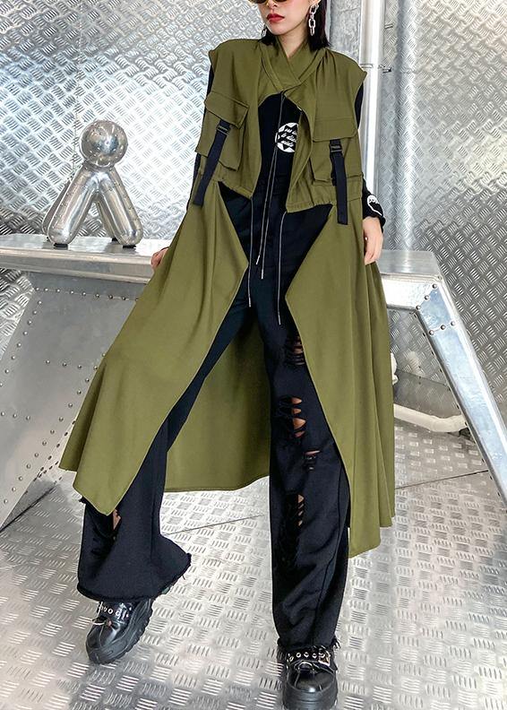Organic stand collar tie waist Fine clothes For Women army green Knee coats - SooLinen