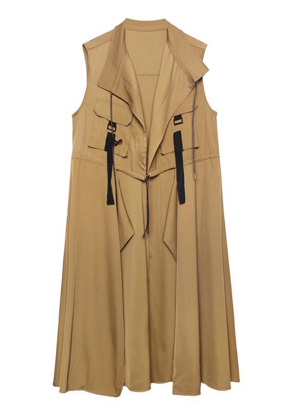 Organic stand collar tie waist Fine clothes For Women army green Knee coats - SooLinen