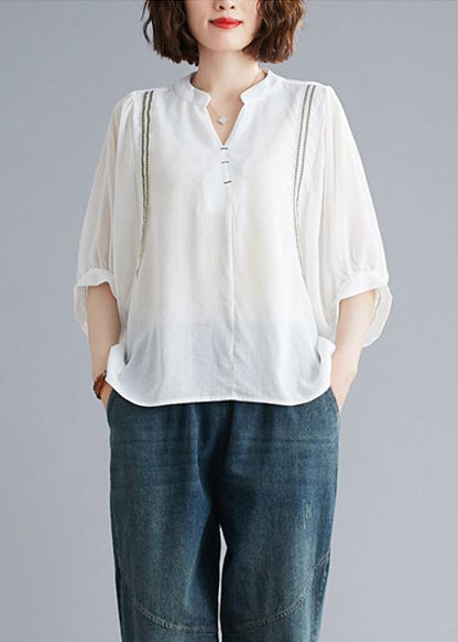 Organic v neck Batwing Sleeve summer pattern Sewing white blouse - SooLinen