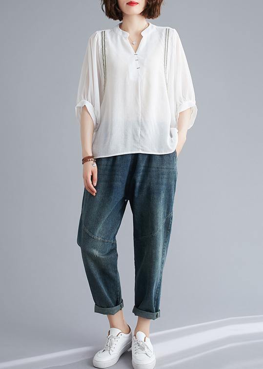 Organic v neck Batwing Sleeve summer pattern Sewing white blouse - SooLinen