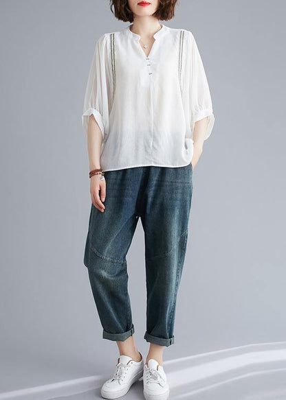 Organic v neck Batwing Sleeve summer pattern Sewing white blouse - SooLinen