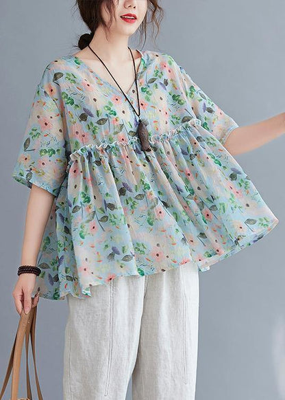 Organic v neck Ruffles summer tops Fashion Ideas floral blouse - SooLinen