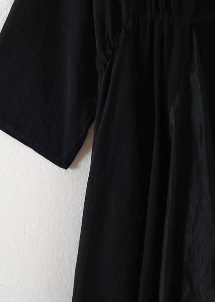 Organic v neck asymmetric cotton Tunics Sewing black A Line Dress - SooLinen