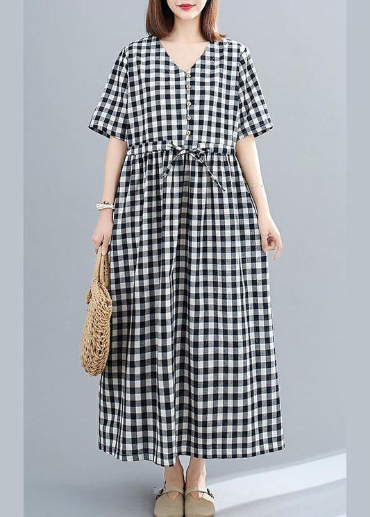 Organic v neck drawstring cotton clothes For Women Tutorials black Large plaid Dress - SooLinen