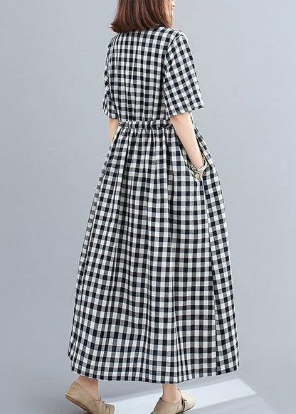 Organic v neck drawstring cotton clothes For Women Tutorials black Large plaid Dress - SooLinen