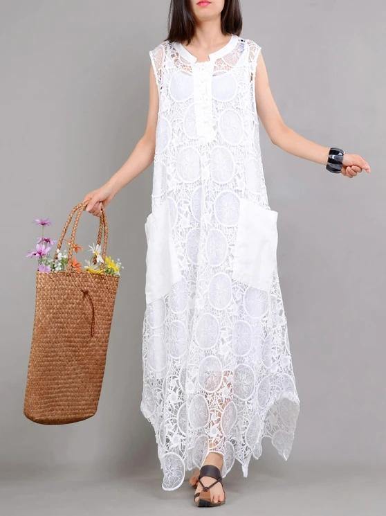 Organic white clothes For Women pockets asymmetric Kaftan summer Dresses - SooLinen