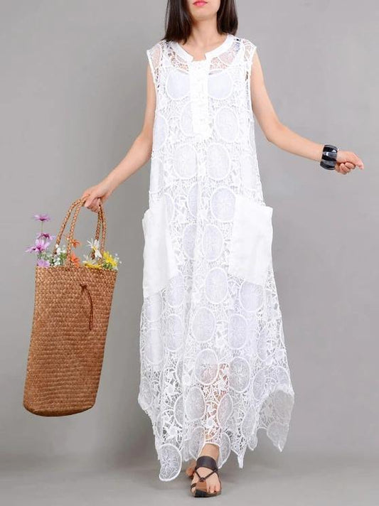 Organic white clothes For Women pockets asymmetric Kaftan summer Dresses - SooLinen