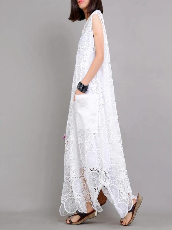 Organic white clothes For Women pockets asymmetric Kaftan summer Dresses - SooLinen