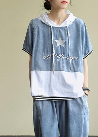 Organic white cotton tunic top hooded patchwork silhouette blouses - SooLinen