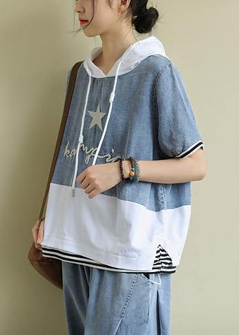 Organic white cotton tunic top hooded patchwork silhouette blouses - SooLinen