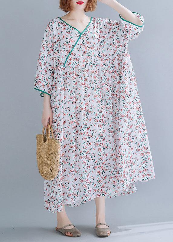 Organic white print cotton dress v neck exra large hem A Line summer Dress - SooLinen