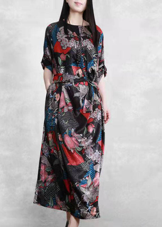 Bio Schwarz Print Robe Seidenkleider Patchwork