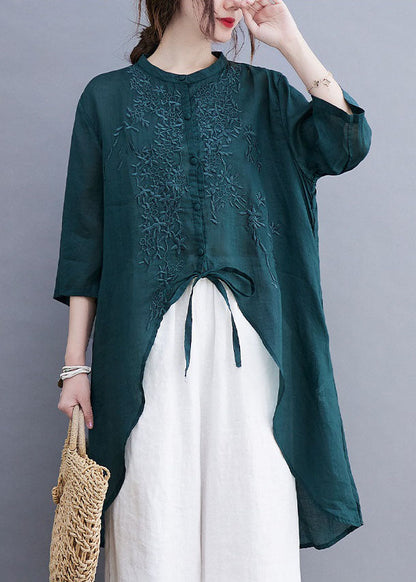 Bio-Baumwolle mit Stickerei in Armeegrün, Blusendesign mit Rundhalsausschnitt, niedriges, hohes Design