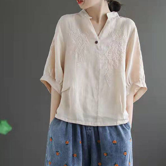 Bio-Baumwolle mit V-Ausschnitt, Sommermuster, Schokoladenbraun, Alltagsoberteile