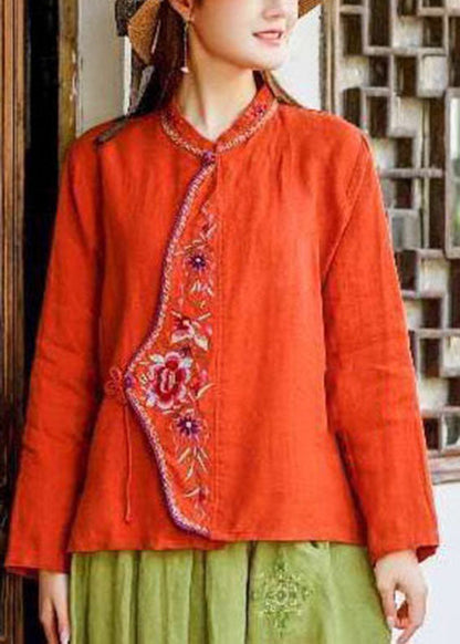 Orientalisch Blau O-Ausschnitt Krawatte Taille bestickte Leinen Tops Frühling