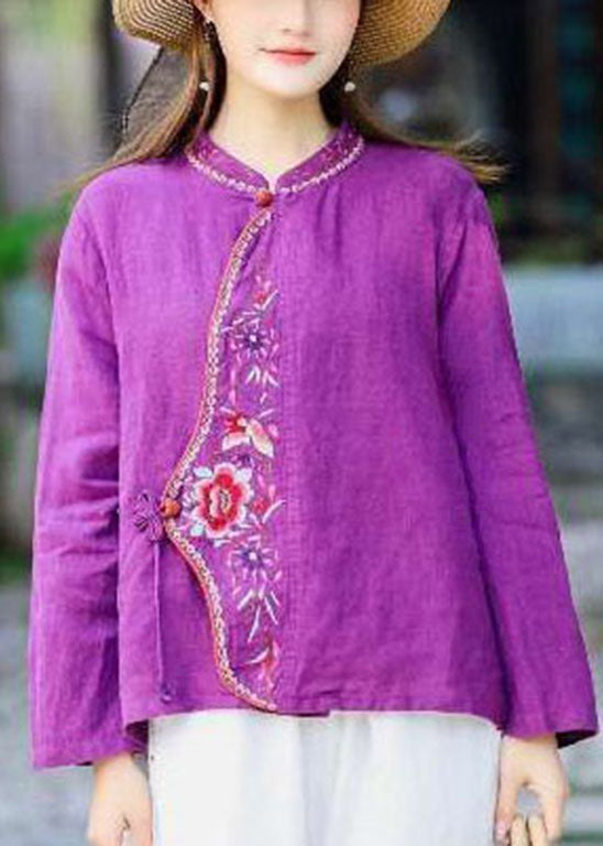 Orientalisch Blau O-Ausschnitt Krawatte Taille bestickte Leinen Tops Frühling