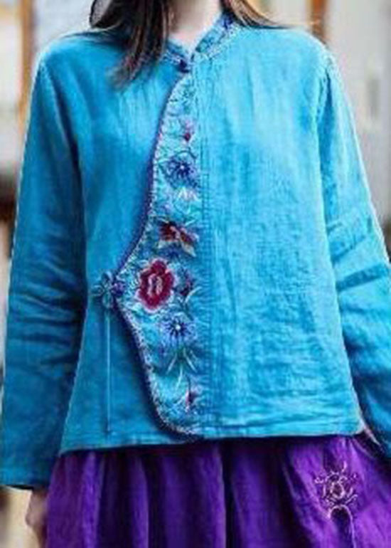 Orientalisch Blau O-Ausschnitt Krawatte Taille bestickte Leinen Tops Frühling