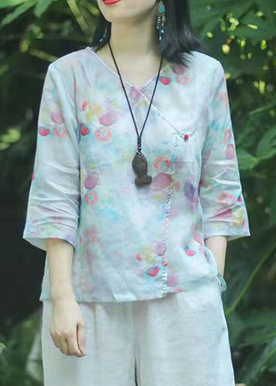 Oriental Light Green Knopf V-Ausschnitt Print Tops Frühling