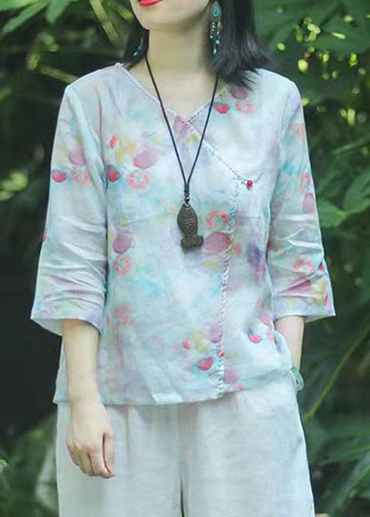 Oriental Light Green Knopf V-Ausschnitt Print Tops Frühling