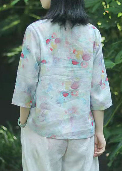 Oriental Light Green Knopf V-Ausschnitt Print Tops Frühling