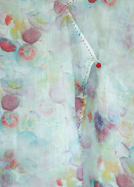 Oriental Light Green Knopf V-Ausschnitt Print Tops Frühling