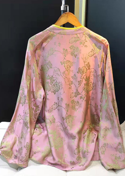 Oriental Pink Stehkragen Knopf Asymmetrischer Druck Seidentops Frühling