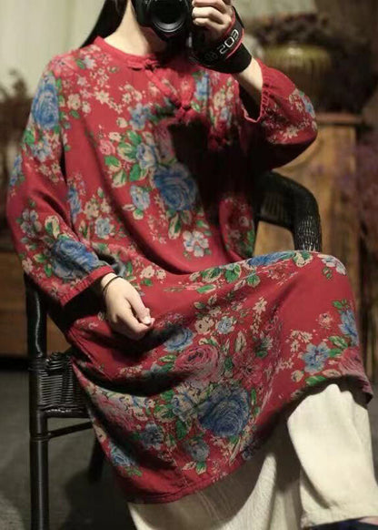 Orientalisches rotes O-Ausschnitt-Druck-Leinen-Mittlere Kleider Frühling