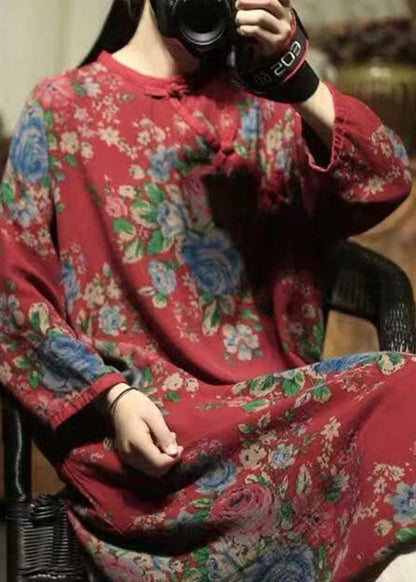 Orientalisches rotes O-Ausschnitt-Druck-Leinen-Mittlere Kleider Frühling