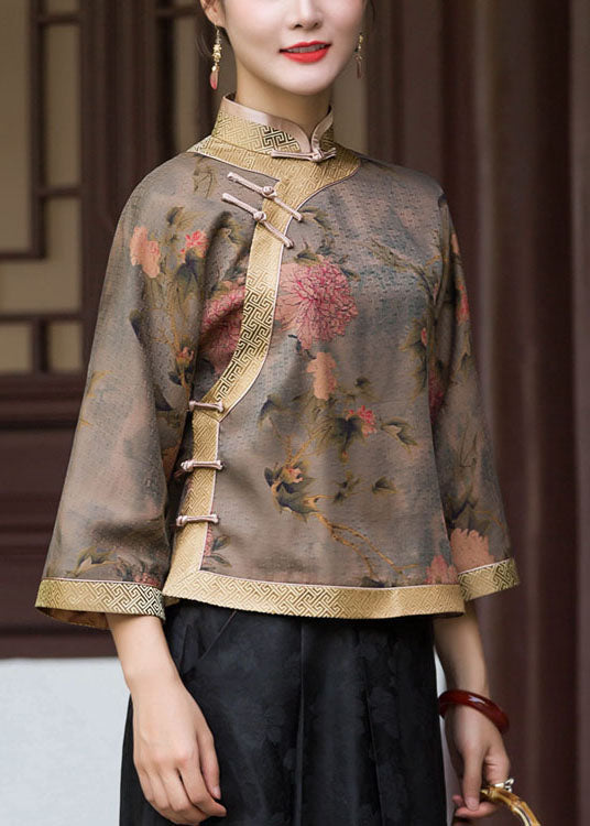 Oriental Chocolate Stehkragen Knopfdruck Seidenbluse Tops Frühling