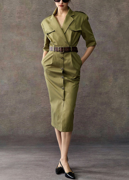 Original Army Green Notched Button Pockets Cotton Long Dress Summer